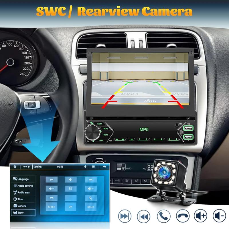 Car Radio 1Din with Retractable Screen,7inch Manual Retractable Display 1 Din Radio with Bluetooth Handsfree FM Type-C 2USB AUX Mirror Link SWC Rear View Camera、No carplay and no android auto、automotive