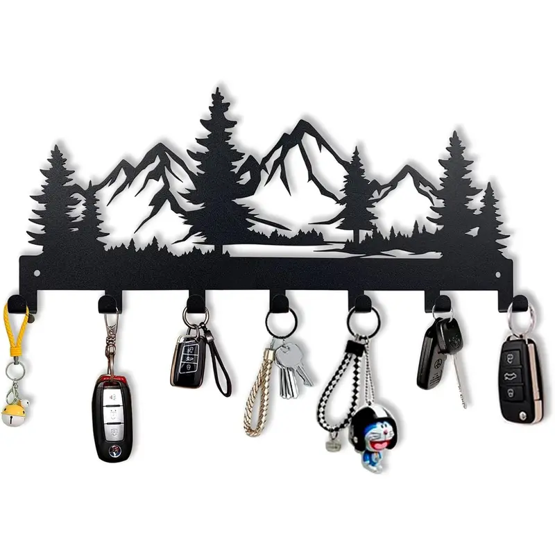 12in Metal Mountain Wall-Mounted Key Holder - 7-Hook, Durable, Heat-Resistant, Waterproof Organizer Rack with Shelves, Home Decoration for Entryway, Kitchen (Organizes Keys, Black with Prints)
