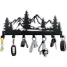 12in Metal Mountain Wall-Mounted Key Holder - 7-Hook, Durable, Heat-Resistant, Waterproof Organizer Rack with Shelves, Home Decoration for Entryway, Kitchen (Organizes Keys, Black with Prints)