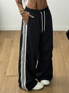 Women's Side Stripe Wide Leg Pants, Black Drawstring Parachute Trousers, Y2K Streetwear Baggy Pants for Casual, Sporty Style #tiktokmademebuyit