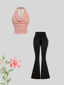 Women's Halter Neck Crop Top & High Waist Pants Set, Casual Summer, Fitted Style, Comfortable Polyester Fabric, Casual Matching Set