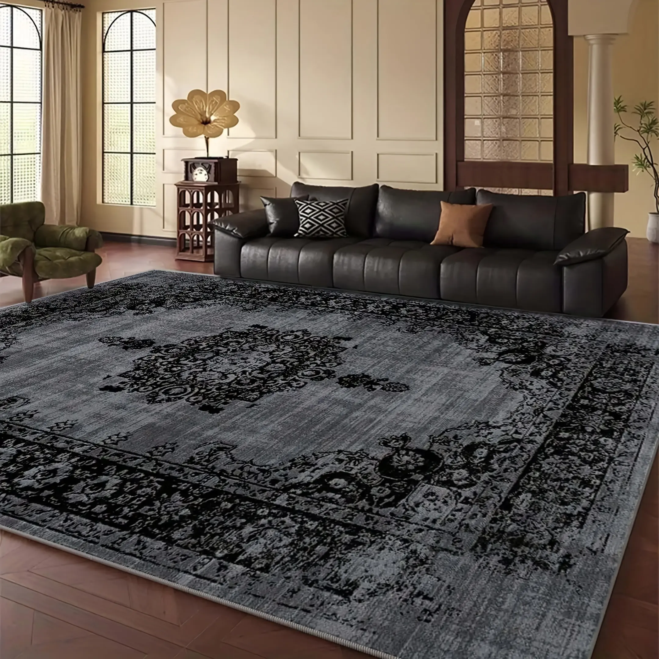 Black bohemian-style rug, available in a variety of sizes, with a non-slip design, comfortable and soft, machine-washable, and suitable for bedrooms, next to the bed, dorm rooms, living rooms, and other home decor settings.