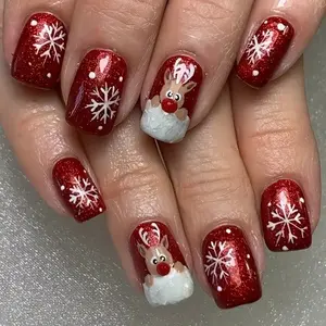 24pcs Christmas Nail Art Kit, Cute Reindeer Snowflake Design, Medium Square Nails, Jelly Glue Included, Perfect for Women Daily Wear