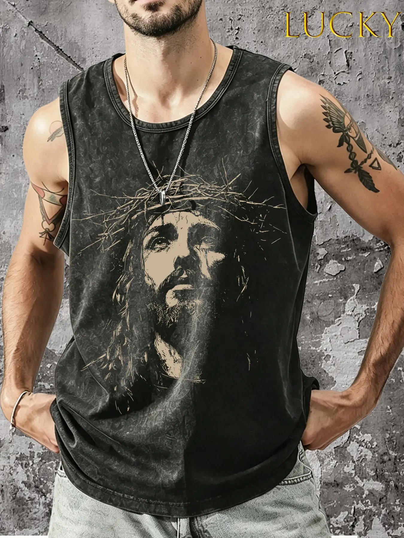 Christian Head Wearing Thorn Crown Jesus Passion Theme Tank Top, a must-have outfit for Christian Jesus faith enthusiasts, dark retro street Jesus faith theme tank top