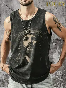 Christian Head Wearing Thorn Crown Jesus Passion Theme Tank Top, a must-have outfit for Christian Jesus faith enthusiasts, dark retro street Jesus faith theme tank top