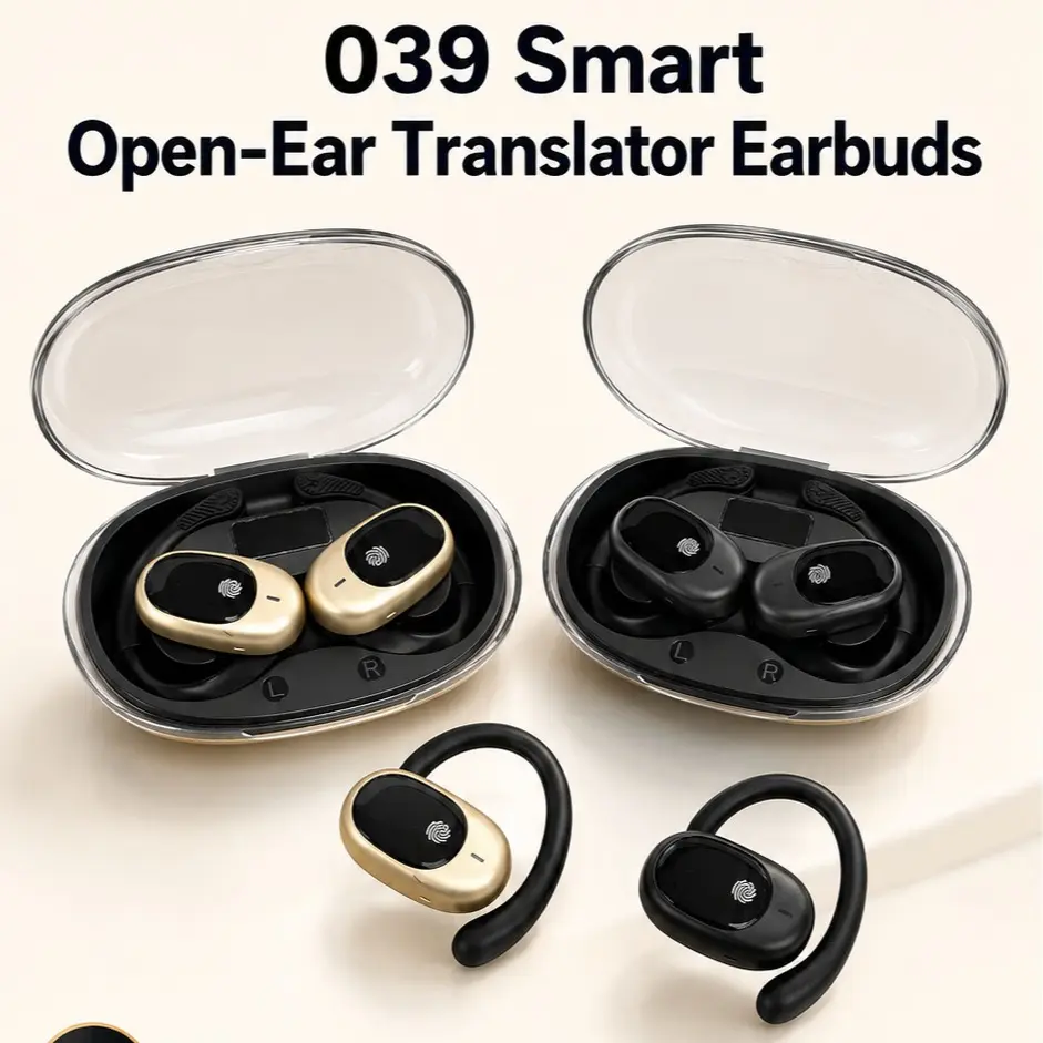 【Featured】Open Ear Translation Earbuds, Bluetooth 5.4 Wireless Earbuds with Ear Hooks, 154 Languages Translator, HiFi Stereo Sound, Clear Calls, Touch Control, Comfortable Open-Ear Design for Running, Cycling, Travel, Workout, Perfect Gift, 039