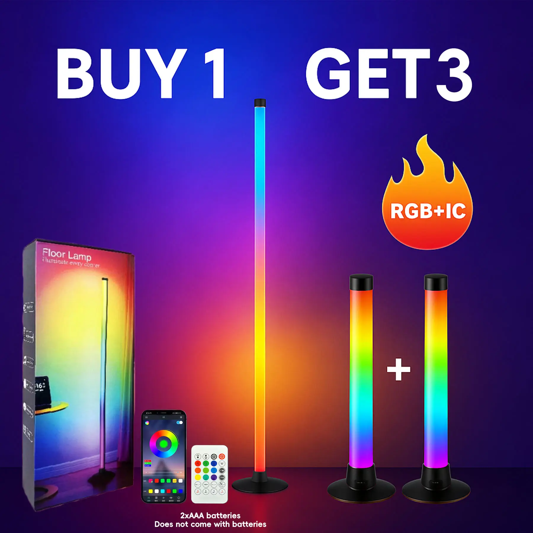 Smart RGB LED Mood Light Set - 3pcs Light Bars (1 Floor Lamp, 2 Desk Lamps), App & Remote Control, Music Sync Color Changing, USB Powered for Bedroom, TV Area Ambient Lighting