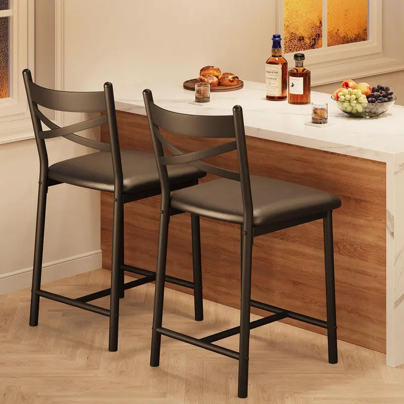 Adults' 2-Piece Modern Counter Height Black Waterproof PU Leather Bar Stools - 16-in Diameter Upholstered Round Seat, Fixed Back, Footrest, Lumbar Support, Durable Metal Frame Furniture for Dining Room, Kitchen