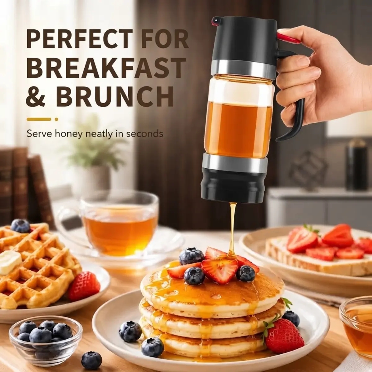 10oz Glass Honey Dispenser No Drip Syrup Dispenser with Handle Press Type Mess Free Syrup Container Clear Condiment Pot Bottle for Pancakes Waffles Breakfast Kitchen Storage Organization Aesthetic Coffee Bar Accessories Trendy Gifts