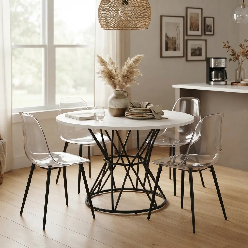 Modern Industrial 5-Piece Dining Set, 47.3" Round White Marble Table & 4 Black PET Chairs, Space Saving Dinette for Kitchen Dining Room Apartment, White/Black