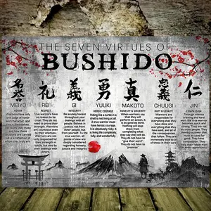 Japanese Samurai Seven Virtues Inspired Art, 12x18 Inches, Black and Red Theme with Mounting Holes for Easy Wall Installation, Perfect for Bedroom, Office, Living Room, Bathroom, and Dining Room Decor, Zen Home Decoration