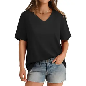 Women's black V-neck T-shirt, loose fit, short sleeves, basic T-shirt, black
