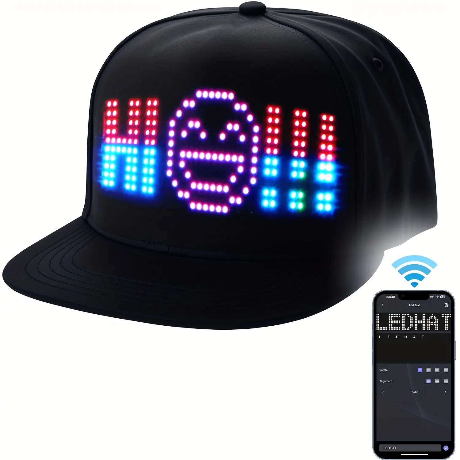 LED Sports & Outdoor Hat, 16x32 Full Color LED Dot Matrix Screen, Wireless-Controlled & App-Controlled, Customizable Display, All Seasons, Unisex Wear, Comfortable Fit, Lightweight Stylish Black Design for Parties, Camping Gifts