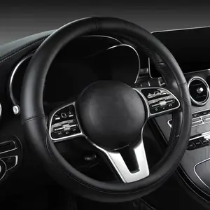 Morandi Color Steering Wheel Cover, Nappa Leather, Fashionable Sporty Style, Universal 15 inches,Black