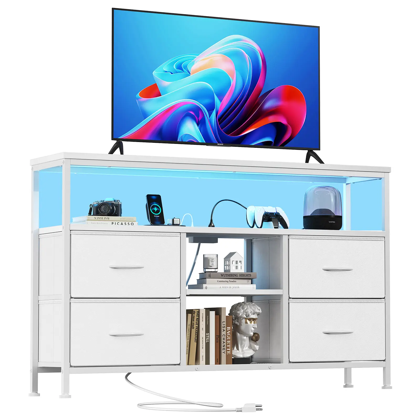 Rectangular MDF-Metal TV Stand with LED Lighting, 4 Drawers, Open Shelf, Power Outlets, Anti-Slip Adjustable Feet - Home Cinema Media Console for 50-Inch TV, Bedroom & Living Room Indoor Furniture