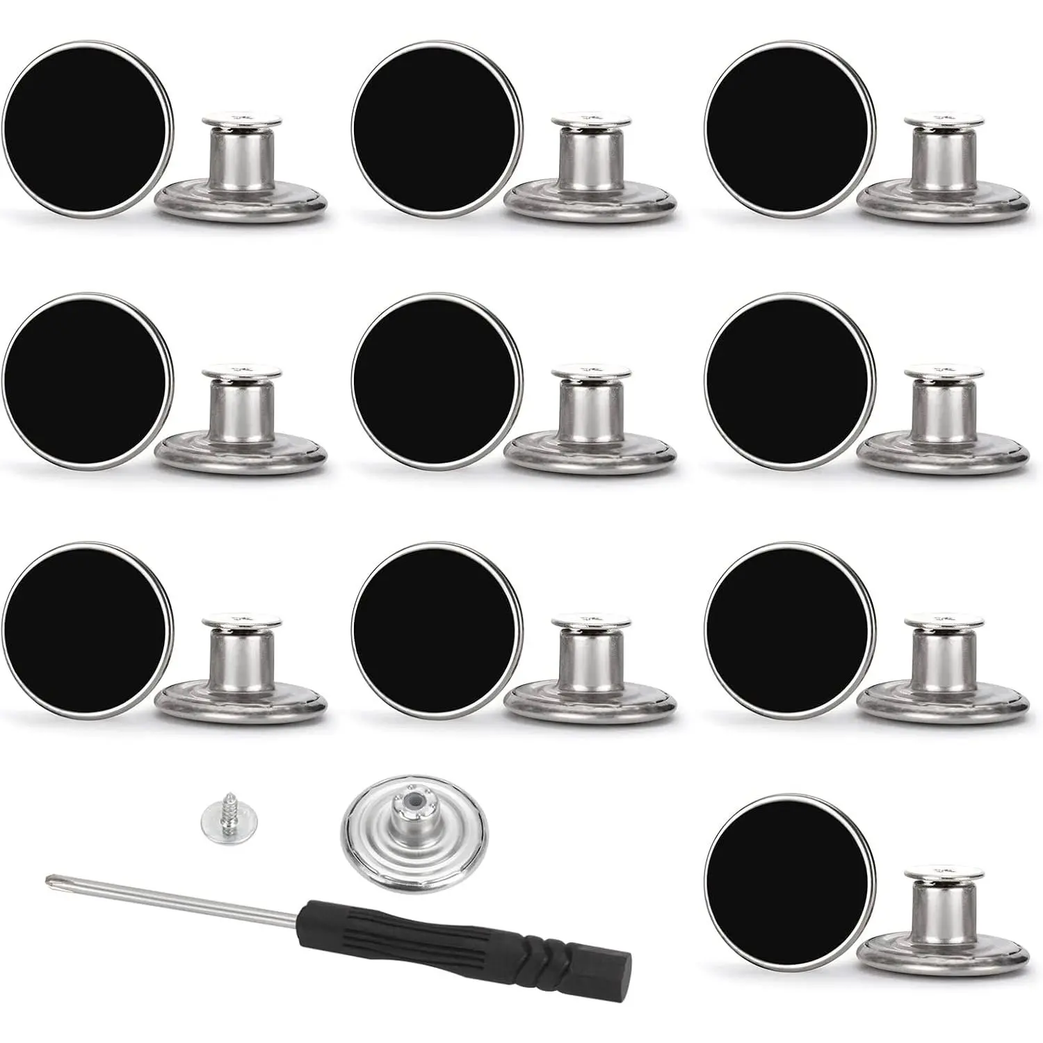 17mm Metal Garment Rivet Jeans Repair Buttons - 20 Sets Detachable Black Combo, No-Sew Threaded Rivets, Screwdrivers, Suspenders, Size Adjustment for Jeans, Jackets, Extend/Reduce Inches, Synthetic