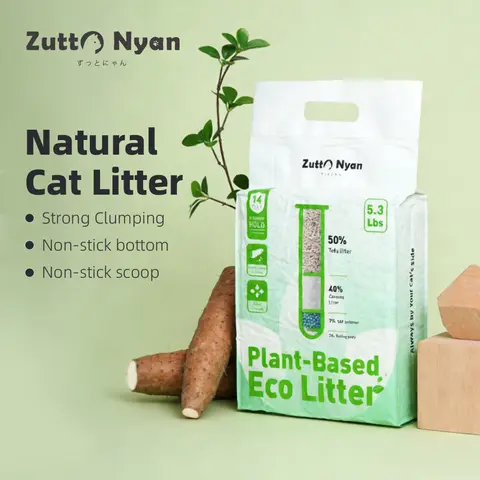 ZuttoNyan 4-in-1 Natural Cassava Mixed Blend Universal Eco Cat Litter, 5.3 lbs Bag, Plant-Based for Litter Box, Strong Clumping, Non-Stick Bottom, Included Scoop, Baking Soda, 24 Months Shelf Life, Highly Absorbent, Absorbs Odor, Rich Natural Ingredients