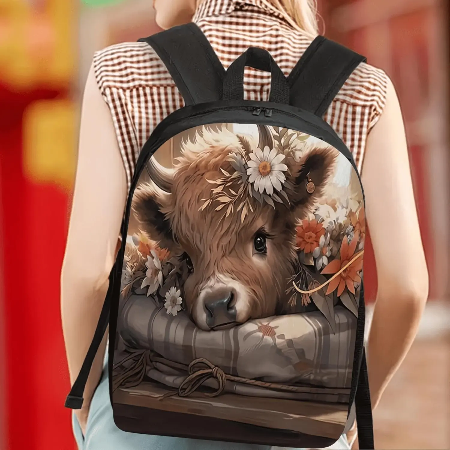 Unisex 17-Inch Lightweight Backpack, Casual Minimalist Basic Bag with Floral Highland Cow Print & Water Bottle Pocket for Teens, School, Work