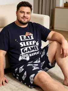 Men's Summer Plus Size Relaxed Fit Sleepwear Set, Short Sleeve Shorts, Casual Homeewear, Round Neck, All-Season Comfortable Pajamas
