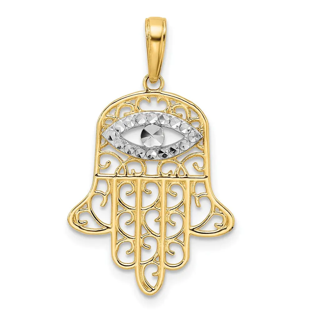 14k Yellow & Rhodium 17.57 mm  D/C Filigree Evil Eye Hamsa Pendant (1.4 grams)