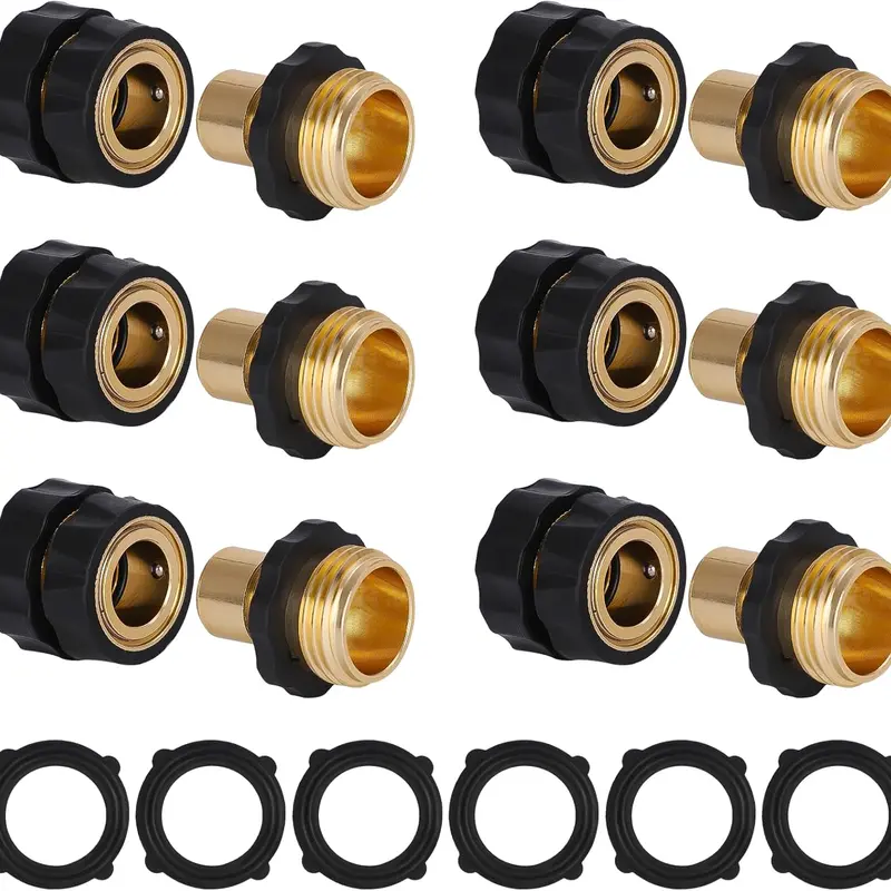 6 Sets 3/4" Male-Female Garden Hose Quick Connectors with 6 Rubber Washers, Hose Adapter, Outdoor Backyard Plumbing Tool, Father's Day Gift, Garden Hose Adapter