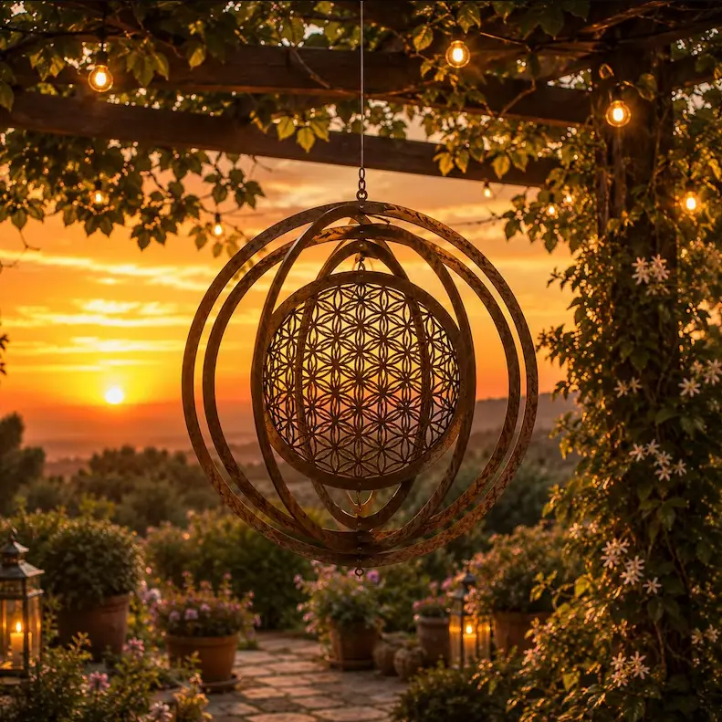 Outdoor 3D Kinetic Metal Wind Spinner Hanging Flower of Life Sacred Geometry Sphere Sculptures, Rustic Copper Kinetic Art Ornament for Yard, Garden, Patio, Porch, and Balcony Decor