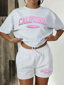 Women's New Summer Loose Casual College Style Lightweight Two-Piece Set, Letter Print, Perfect for Leisure Outings and Daily Wear