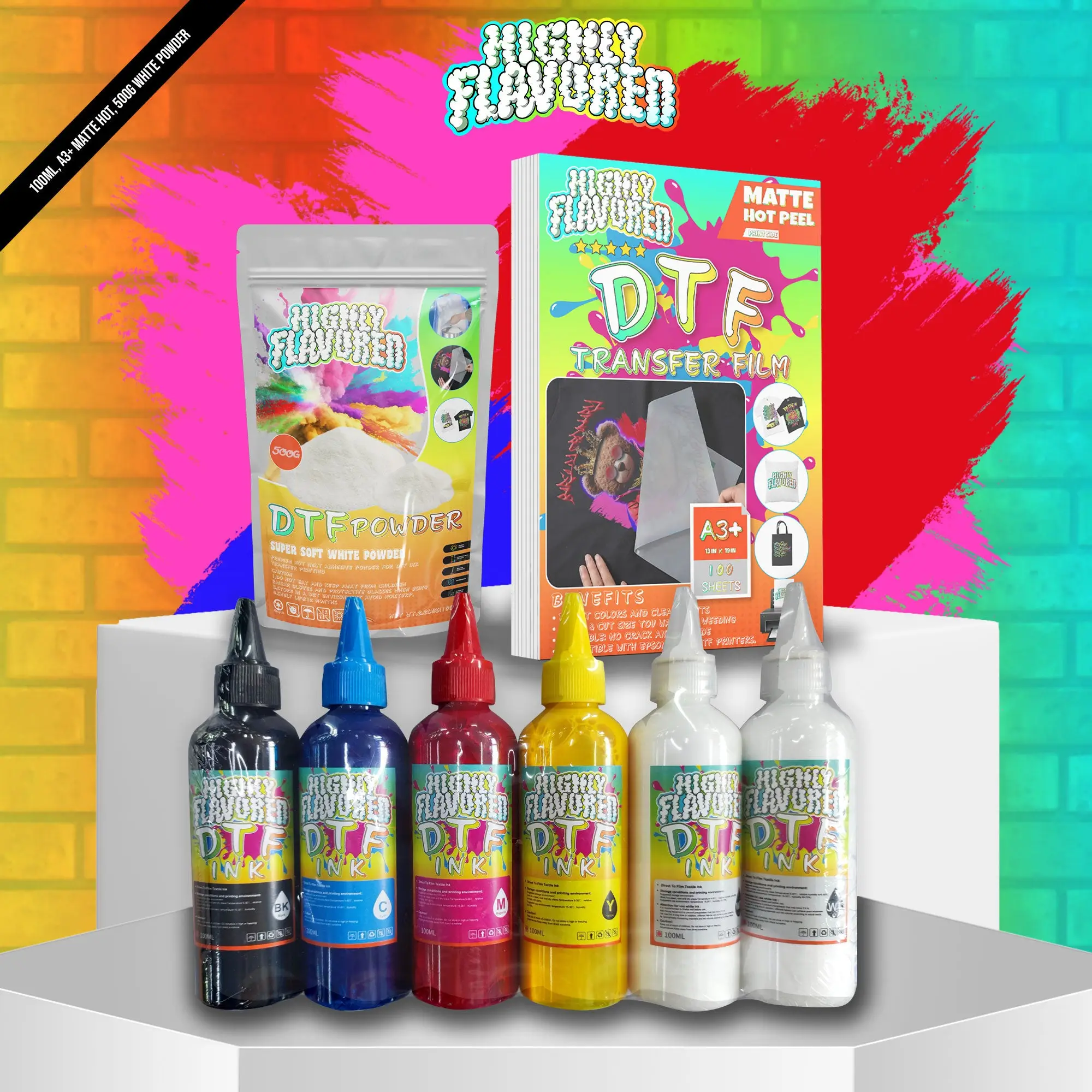 DTF Starter Bundle: A3+(13x19) Hot Peel, 500g Soft Powder & 100ml Ink Set