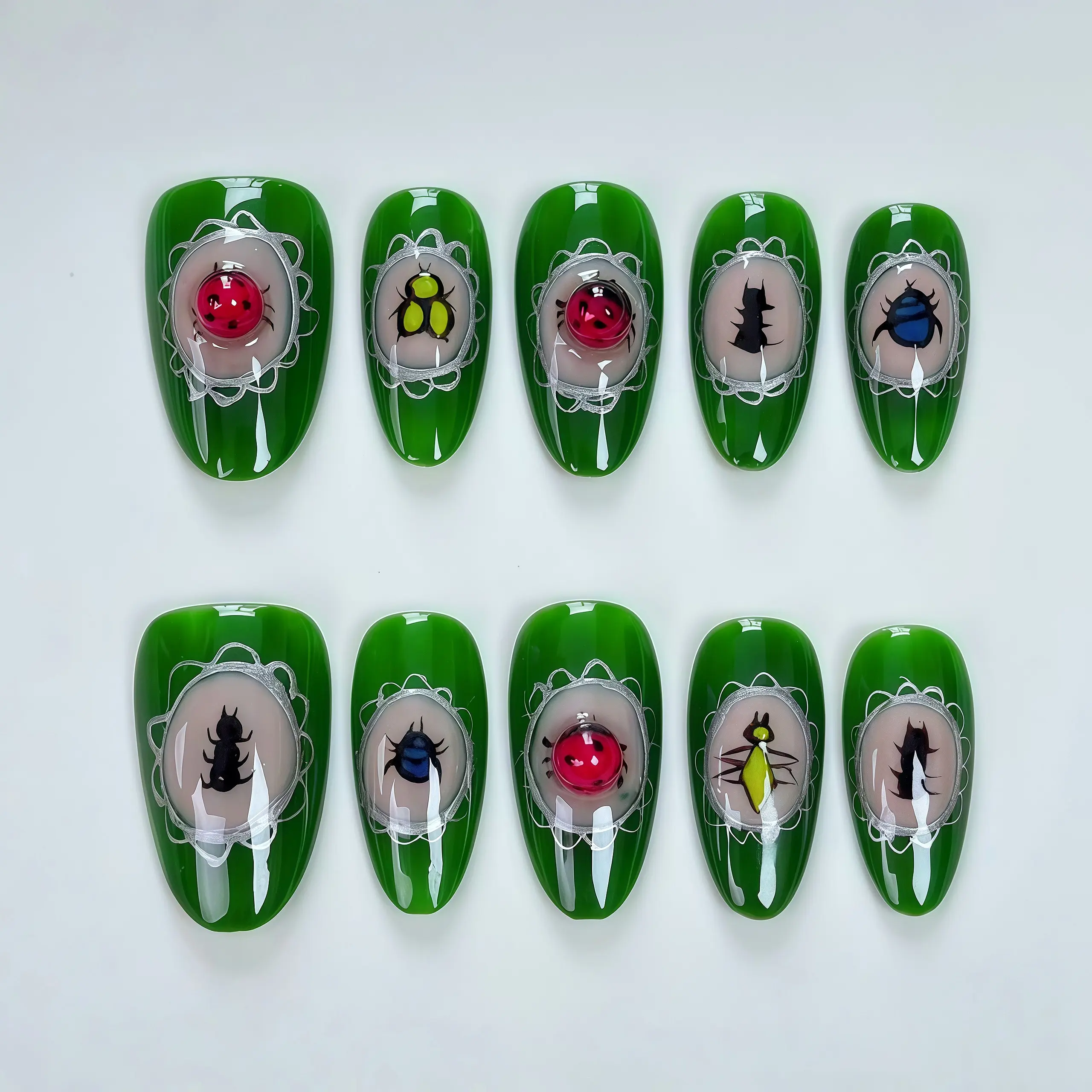 JC Handmade 3D Insect Print Press-On Nails, Detachable Almond-Shaped Tips, Easy-to-Apply Nail Art, M Size, 70g, S