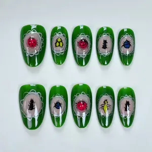 JC Almond-Shaped Insect Print Handmade 3-Dimensional Fashionable Nails Press Ons - Detachable, Easy-to-Apply False Nail Tips