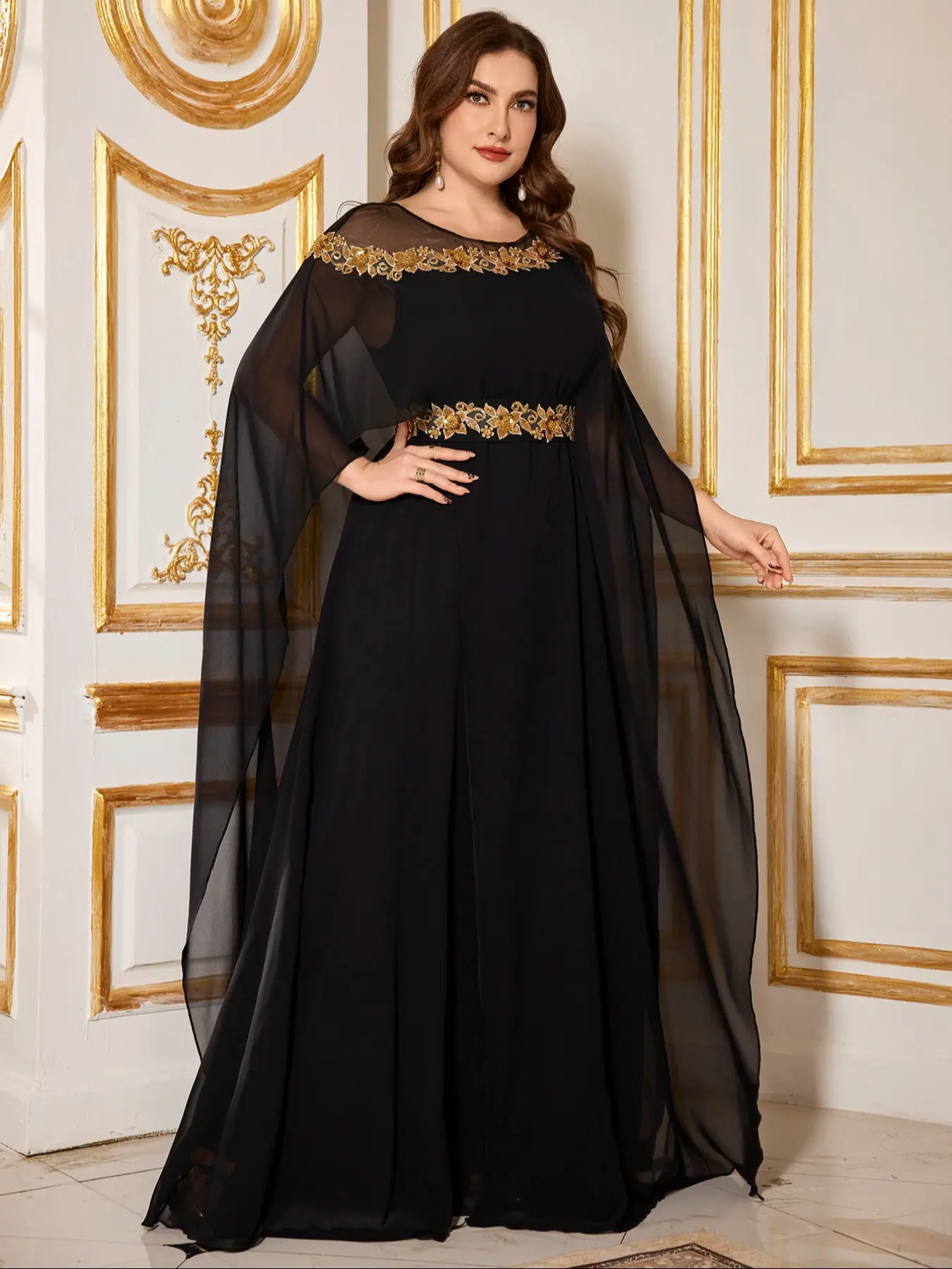 Elegant Round Neck Shawl Collar Long Sleeve Dress, Luxurious Embroidered  Beaded Chiffon Waist Cinching, Party Evening Gown, Formal Elegant Dress -  TikTok Shop