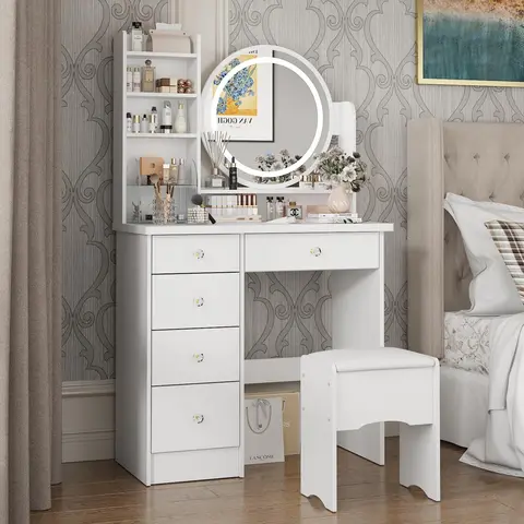 FUFU&GAGA Upgraded Crystal Handle Modern Vanity Table - Engineered Wood Makeup Vanity with Lighted Mirror, 5 Drawers, 3 Adjustable Glow Options (Warm White), Longpress Dimming, Cushioned Stool, Bedroom Dresser Organizer