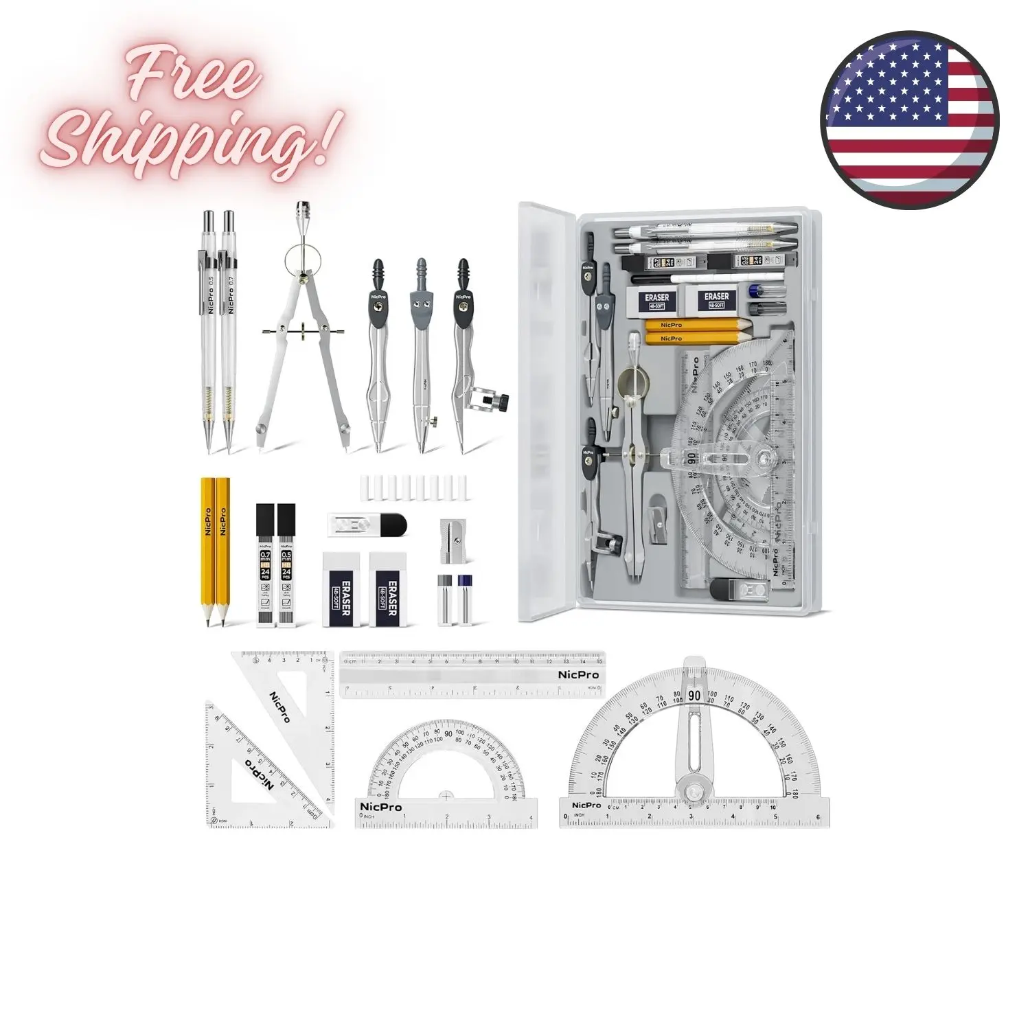 22 PCS Compass Geometry Tools with Case, Drafting Tools Geometry Set
