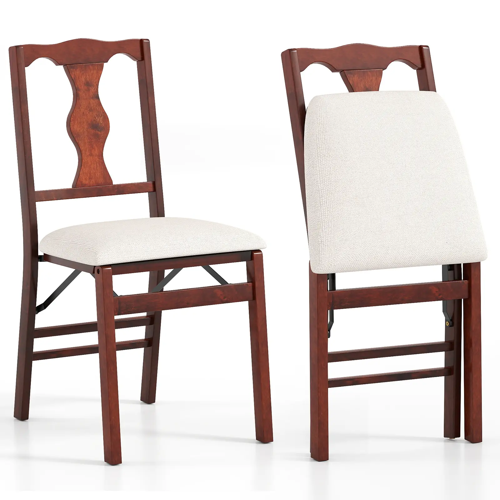 COSTWAY - Folding Chairs Set of 2 Upholstered Dining Chairs with Comfy Padded Seats-Brown
