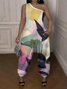 Fashionable One-Shoulder Sleeveless Loose-Fitting Jumpsuit, Stylish Floral Printed Design, Perfect for Casual Wear, Women's Clothing