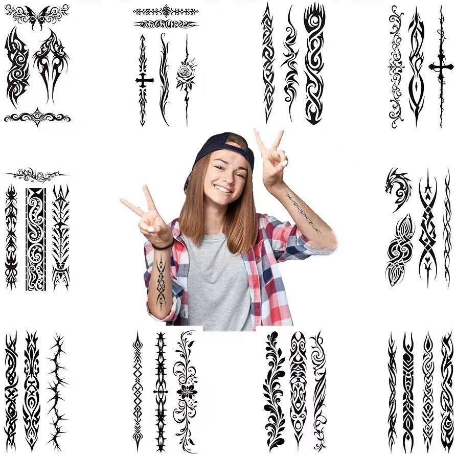 Cool, Dark-Themed Black-and-White Tribal Rune Symbol Totem Tattoo Stickers – Realistic Semi-Permanent Waterproof Tattoos
