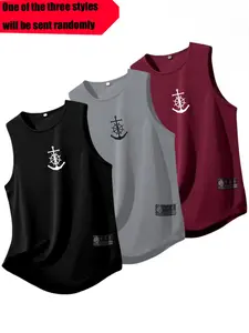 3-Pack Quick-Dry Breathable Sports Tank Tops, Anchor Print Sleeveless Gym Shirts, Comfortable Skin-Friendly Round Neck Summer Wear