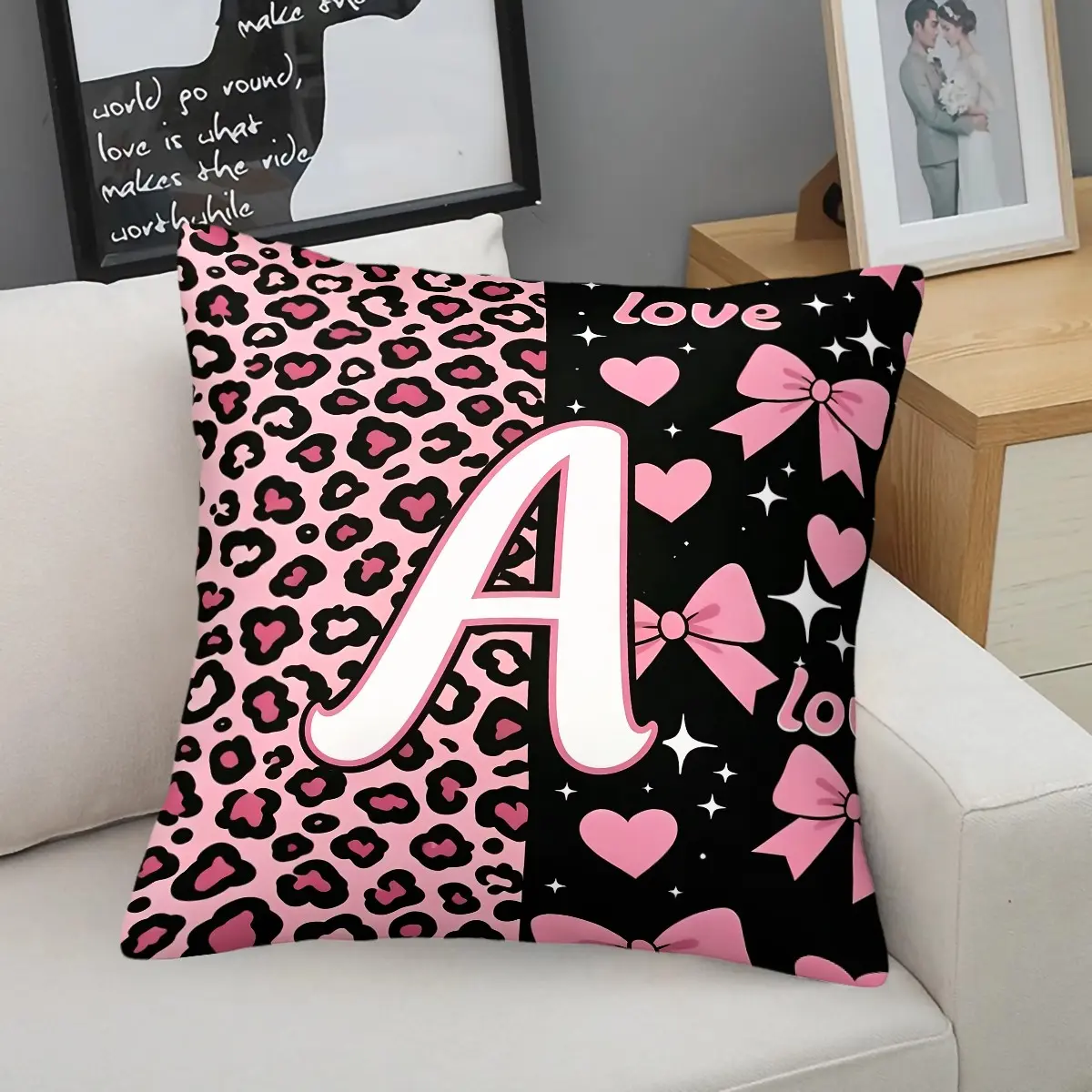 Pink Leopard Monogram Letter A-Z Throw Pillow, Girly Pink Bow Heart Cushion Accent Pillow, Includes Pillow Core, Soft Plush Home Decor Pillows for Sofa Bedroom Dorm, Perfect Gift for Teen Girls Women