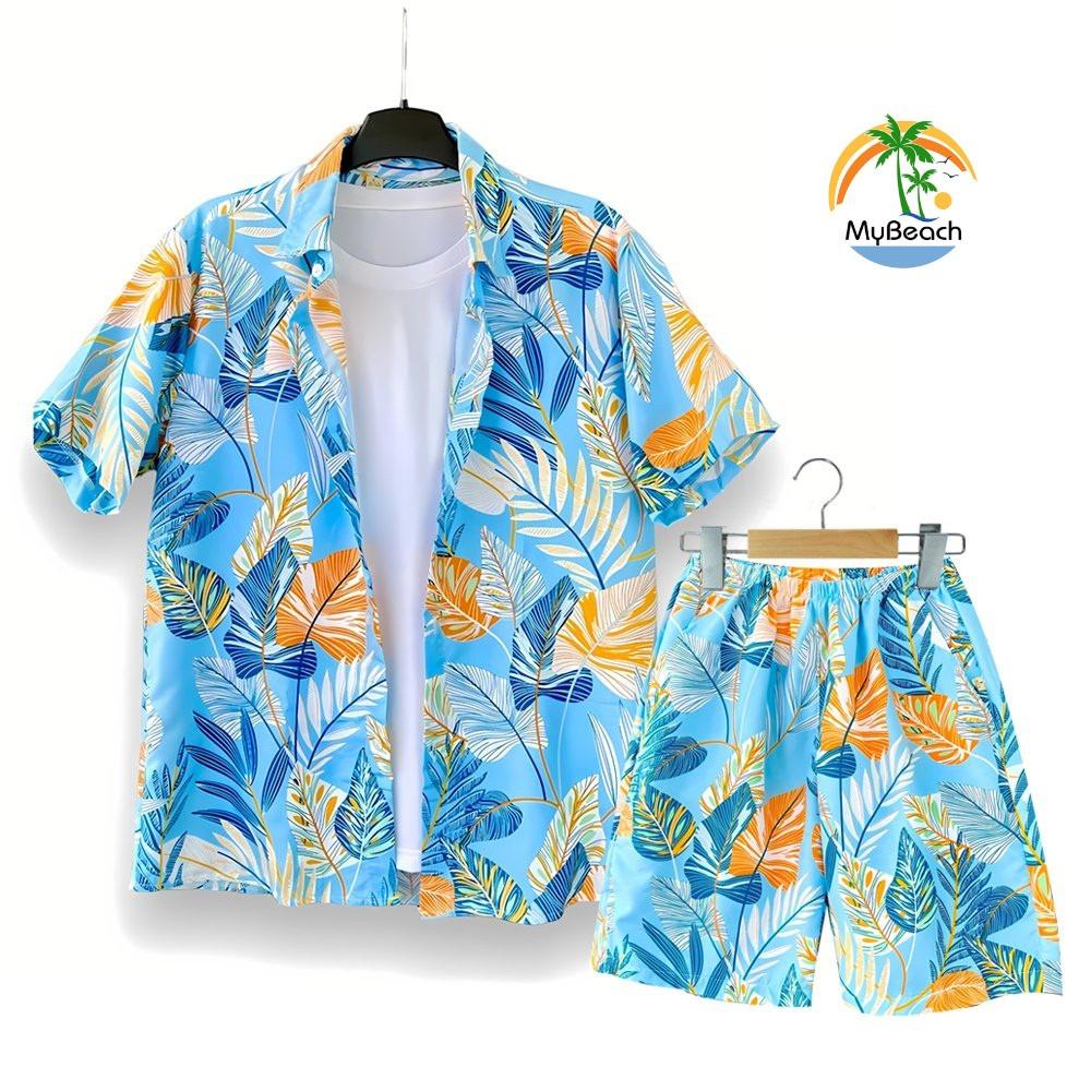 Hawaiian Style Two Piece Set – Tropical Print Shirt & Shorts, Lightweight Breathable Summer Beach Outfit
