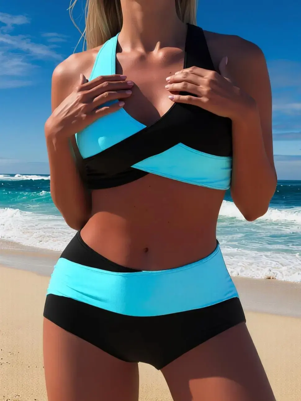 Black & Turquoise Color Block Cross Wrap Tankini Set, High Waist Boyshort Two-Piece Swimsuit, Sporty Slimming Swimwear for Women Beach Pool Activities pretty girl