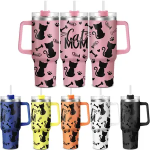 Cat Mon Pattern 40oz Tumbler with Lid, Stainless Steel Water Bottle, Drinking Cup for Home Office School, Gift for Dad Son Women Mom Sisters Teacher Coworker Friend Brother, Drinkware