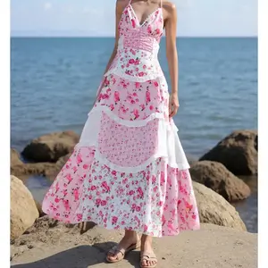 Women's Floral Dress Stylish Lace Patchwork Ruffled Trim Sleeveless Spaghetti Strap V Neck A-Line Long Dress for Summer