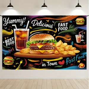 1PC, Burger and Fries Party Banner - Polyester Fiber Wall Decoration, Party Decorations Banners, Colorful Fast Food Theme Background, perfect for families and event celebrations