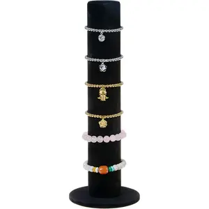 Velvet Vertical Tower Jewelry Bracelet Scrunchie Display Stand Bangle T-Bar Display Holder (Black)
