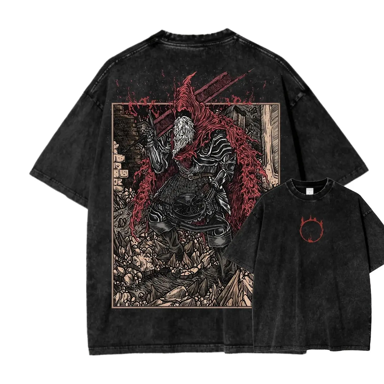 Men's Dark Souls Graphic T-Shirt, Distressed Vintage Cotton Fabric, Short-Sleeve Round Neck Top, Casual Streetwear Male Clothing, Unique Gifts for Man, Men's T Shirts, Fitted Cut
