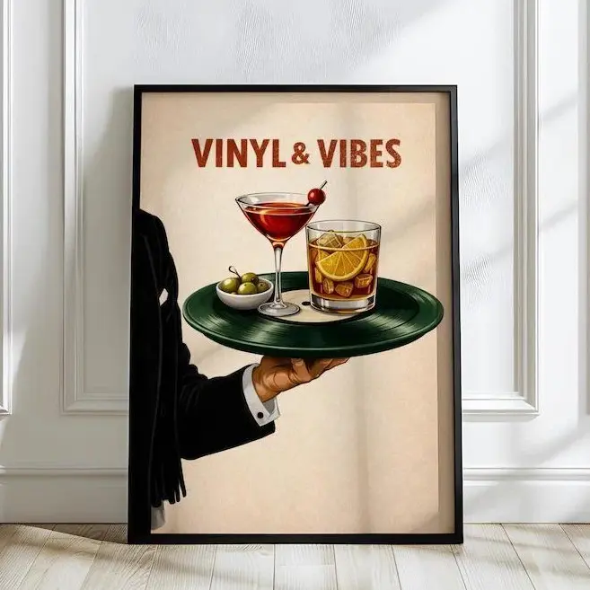 Vintage Vinyl Cocktails Wall Art Retro Bar Wall Art Vinyl Vibes Poster Cocktail Tray on Record Martini Unframed Poster