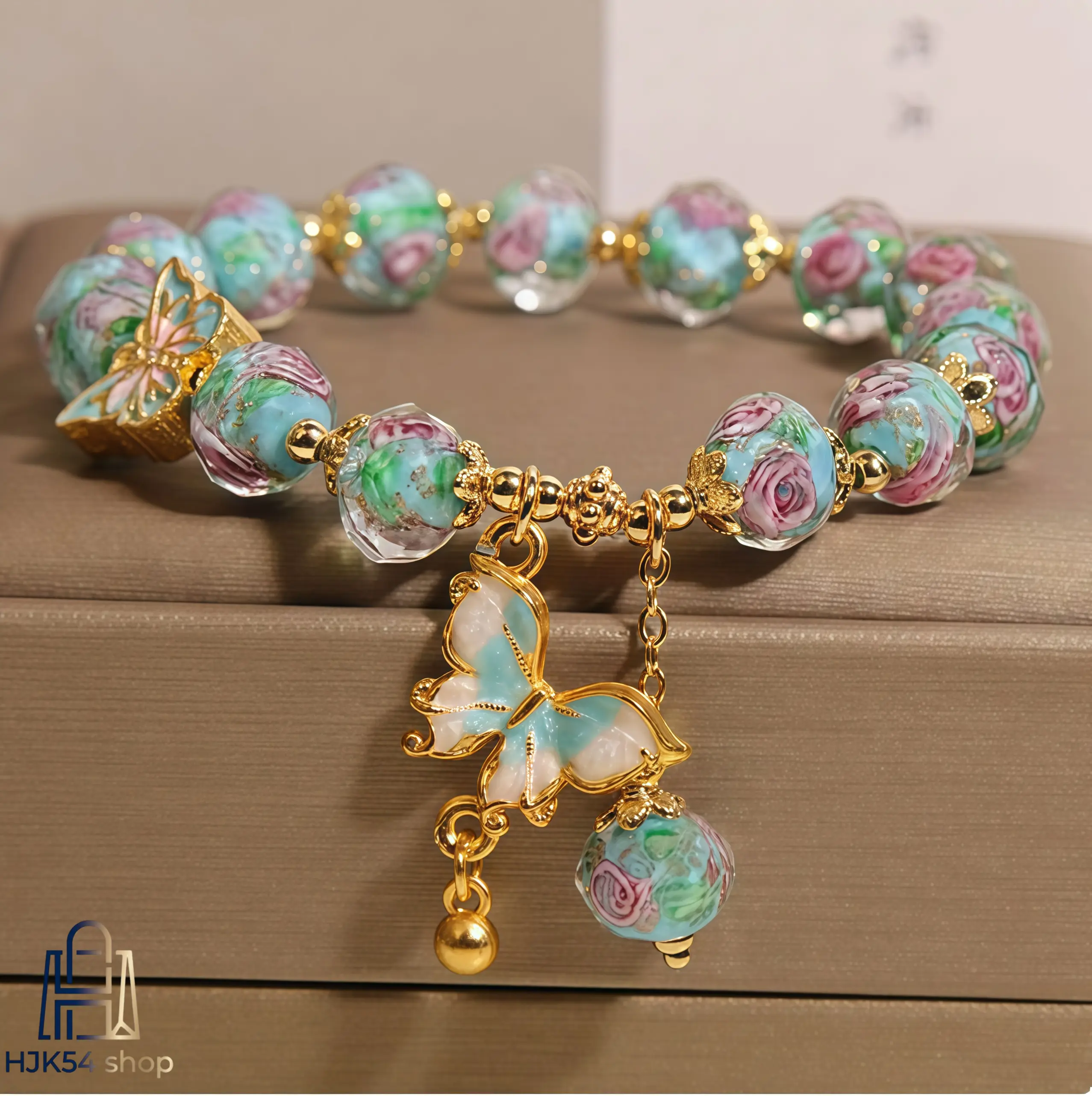Murano Glass Bracelet for Women with Gold Enamel Butterfly Charm, Vintage Hand Painted Floral Beads, Romantic Stretch Band, Gold Aesthetic, Female, Wrist, Charm Bracelets, Hand Painted Beads, 10Cm, Thoughtful Gift For Women, Flowers, 15G, Wedding Dresses