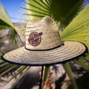 Straw Sun Hat with Custom Leatherette Patch - Personalized Branding, 16" - 17" Diameter, Elastic Insert, Rope Strap, Ideal for Beach and Outdoor Events