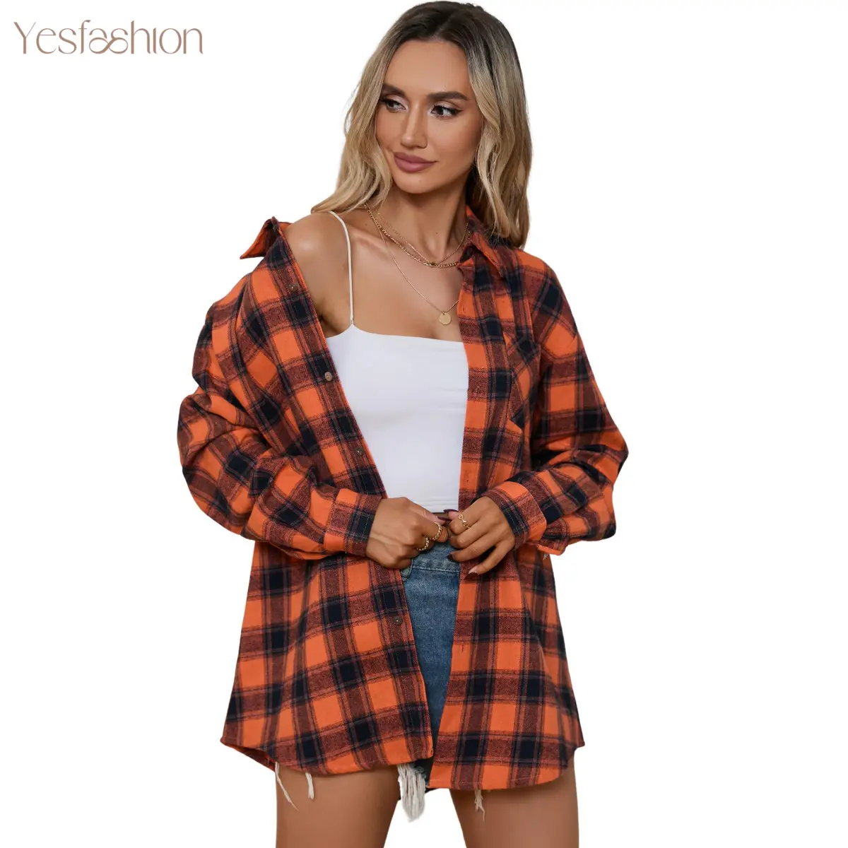 YESFASHION Women's Oversized Plaid Long-Sleeve Button-Down Flannel Shacket, Lightweight Tartan Blouse, Loose Drop-Shoulder Cardigan for Fall Layering, Casual Streetwear Tops (S-2XL, Orange, Blue, Green, Khaki) XYZ