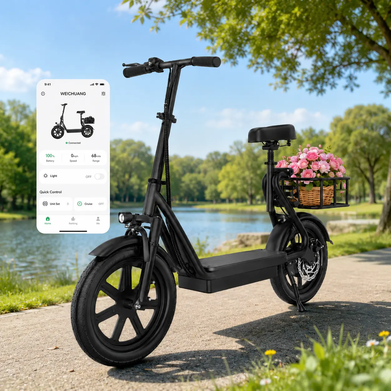 Electric Scooter for Adults with Seat,48V 10.4Ah Battery, Top Speed 22 mph, Driving Range 21-27 Miles, Pet-Friendly Design with Rear Basket.SummerWins,Father's Day Gife